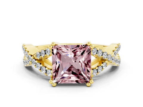 Yellow gold Princess Cut Morganite Solitaire Ring with Four-Prong Setting and Twisted Pavé Band