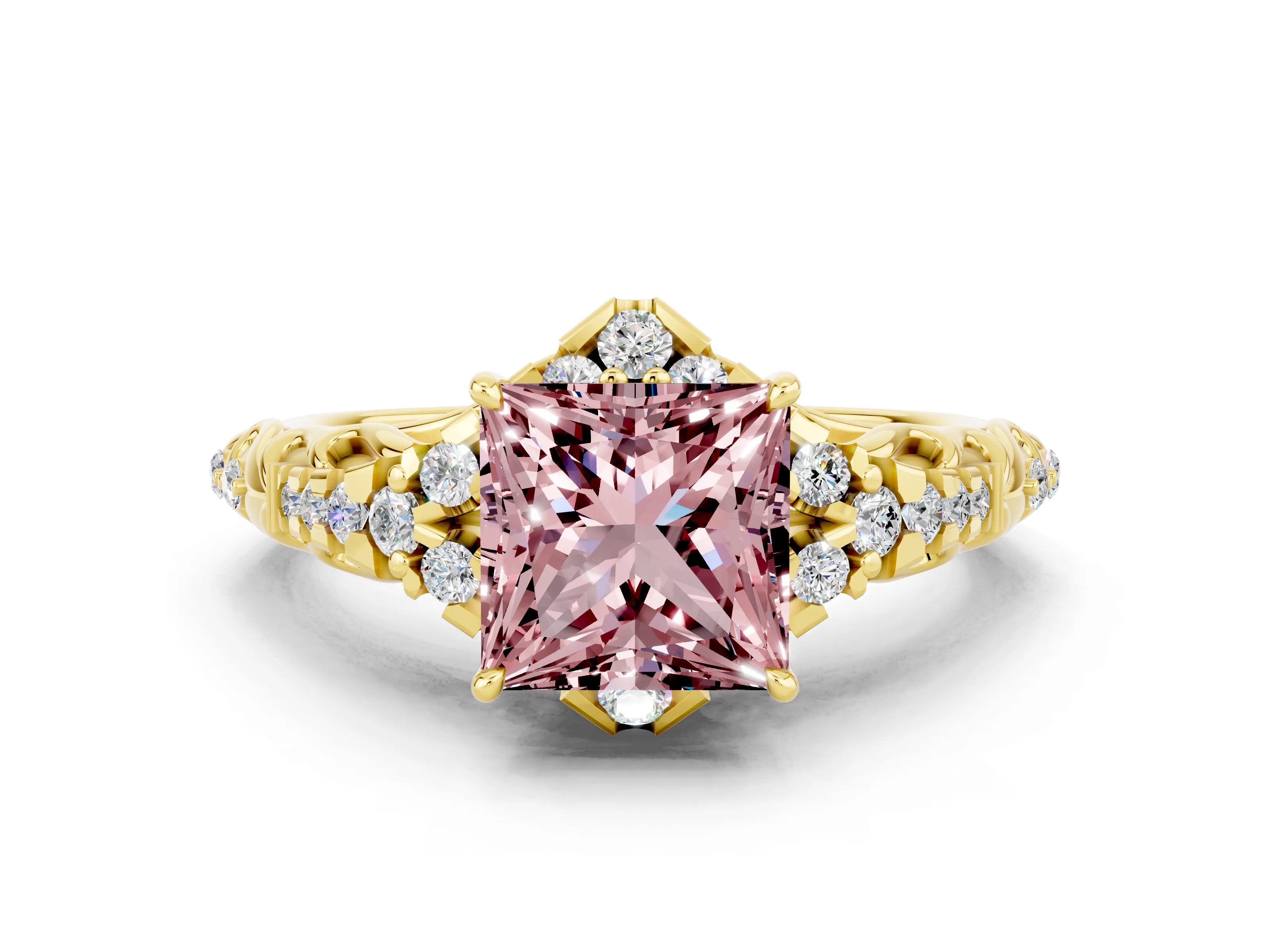 Yellow gold Princess Cut Morganite Solitaire Ring with Hidden Halo and Pavé Band_12