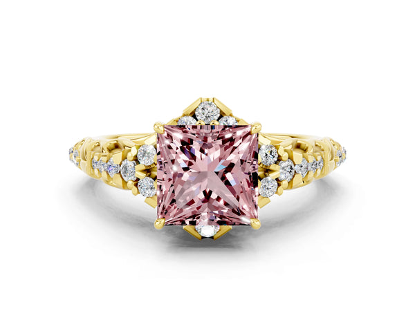 Yellow gold Princess Cut Morganite Solitaire Ring with Hidden Halo and Pavé Band