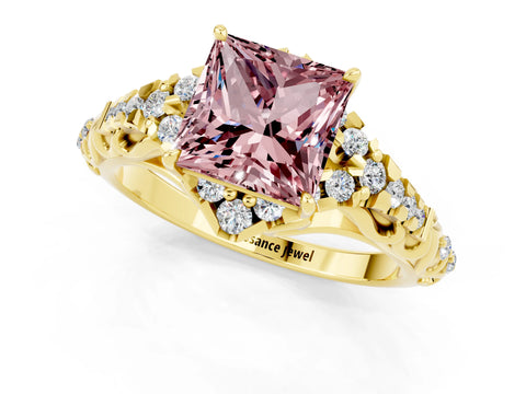 Yellow gold Princess Cut Morganite Solitaire Ring with Hidden Halo and Pavé Band_13