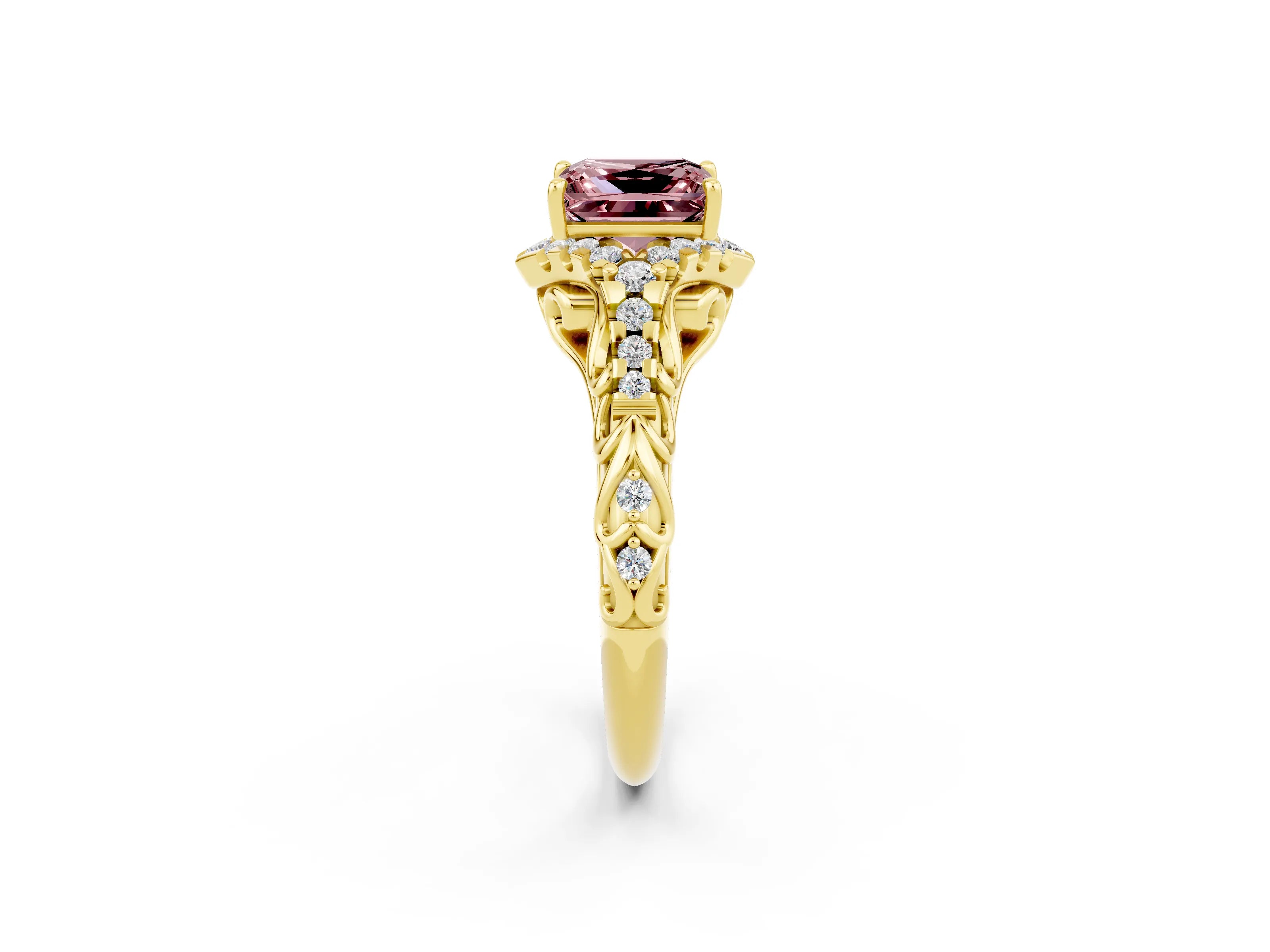 Yellow gold Princess Cut Morganite Solitaire Ring with Hidden Halo and Pavé Band_14
