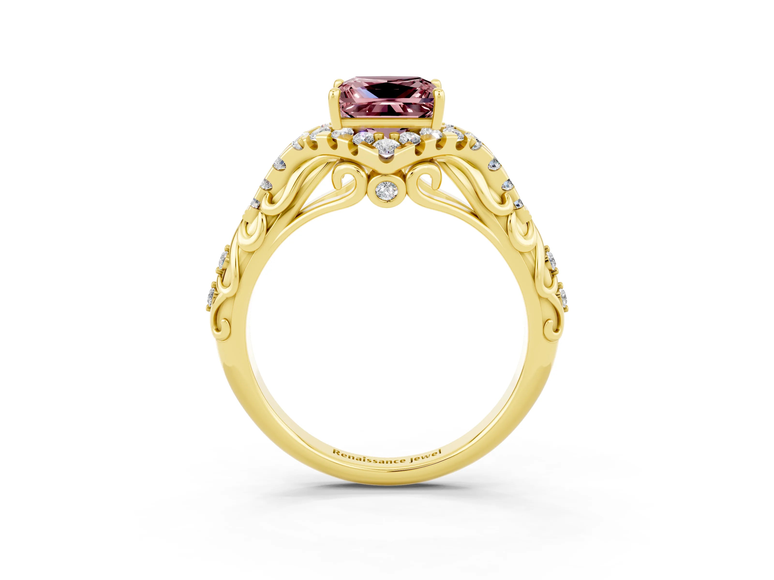 Yellow gold Princess Cut Morganite Solitaire Ring with Hidden Halo and Pavé Band_15