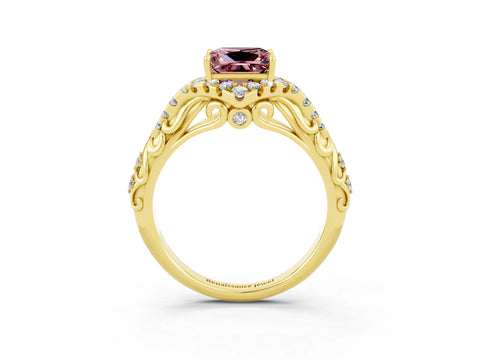 Yellow gold Princess Cut Morganite Solitaire Ring with Hidden Halo and Pavé Band_15