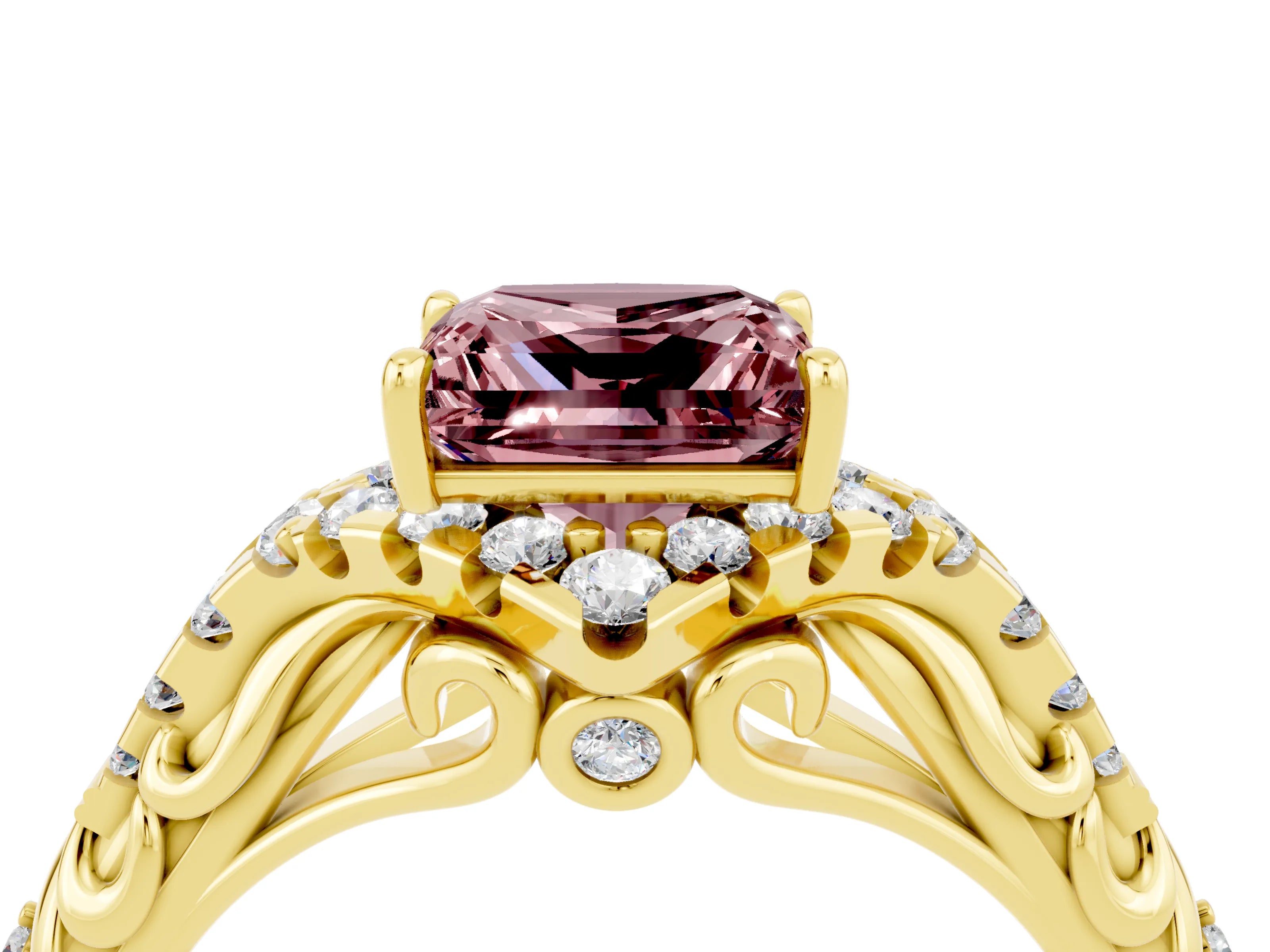 Yellow gold Princess Cut Morganite Solitaire Ring with Hidden Halo and Pavé Band_16