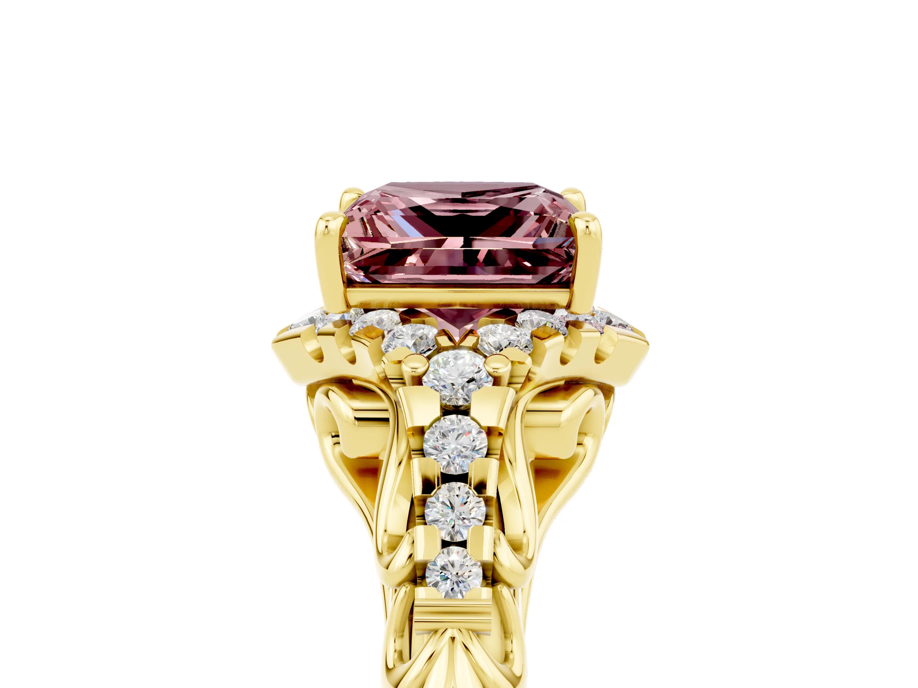 Yellow gold Princess Cut Morganite Solitaire Ring with Hidden Halo and Pavé Band_17