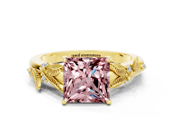 Yellow gold Princess Cut Morganite Solitaire Ring with Leaf Motif Band and Four-Prong Setting