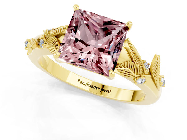 Yellow gold Princess Cut Morganite Solitaire Ring with Leaf Motif Band and Four-Prong Setting