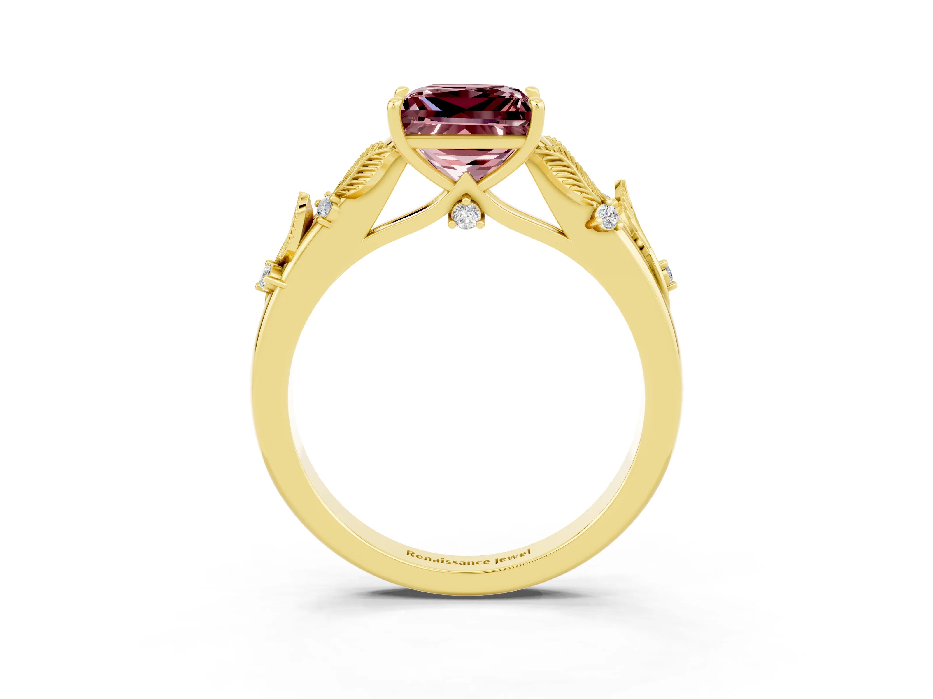 Yellow gold Princess Cut Morganite Solitaire Ring with Leaf Motif Band and Four-Prong Setting_3