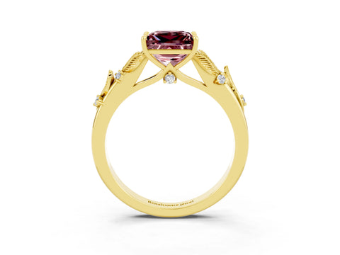 Yellow gold Princess Cut Morganite Solitaire Ring with Leaf Motif Band and Four-Prong Setting_3