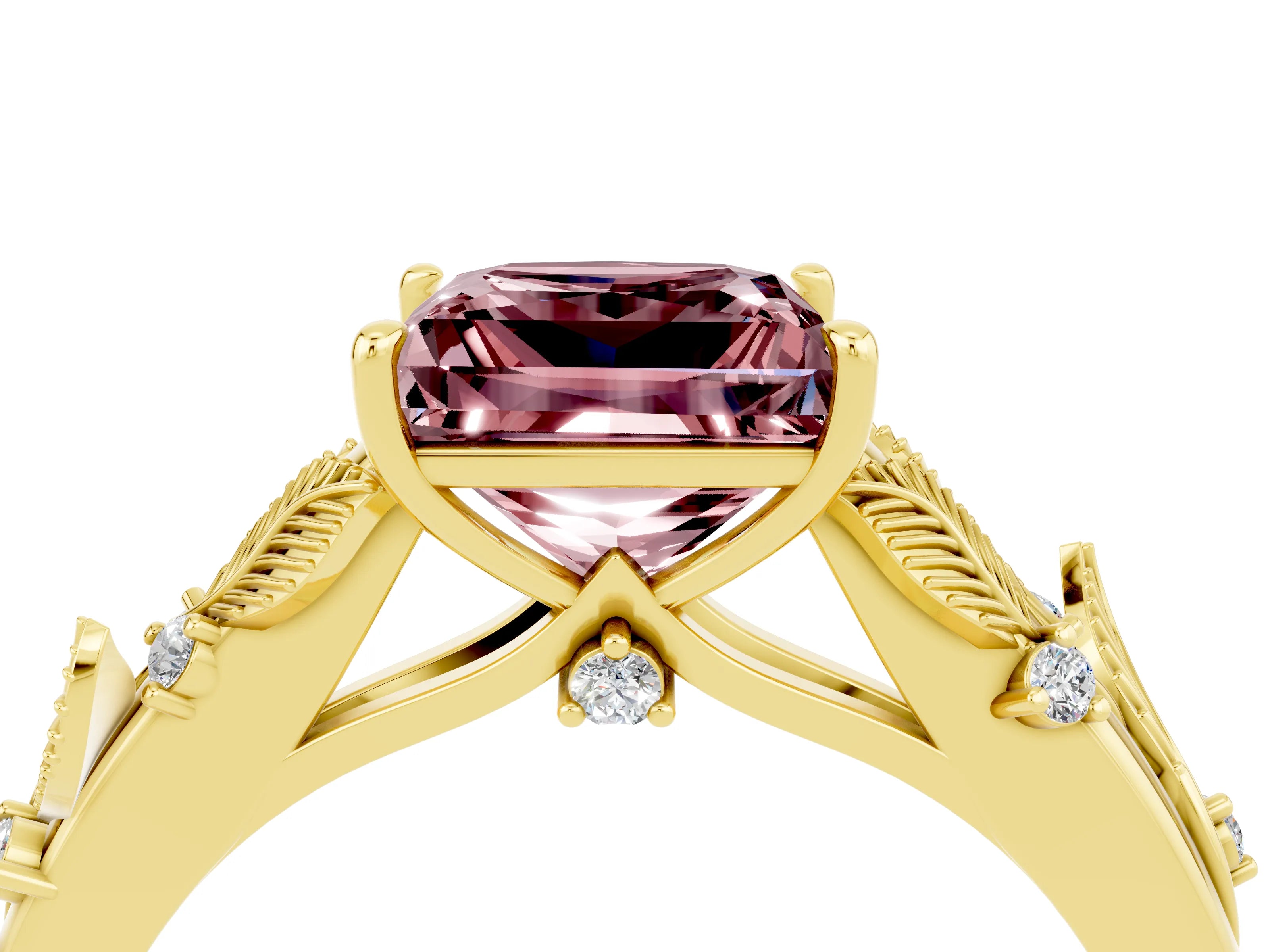 Yellow gold Princess Cut Morganite Solitaire Ring with Leaf Motif Band and Four-Prong Setting_4