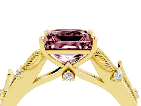 Yellow gold Princess Cut Morganite Solitaire Ring with Leaf Motif Band and Four-Prong Setting_4