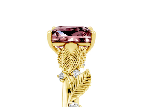 Yellow gold Princess Cut Morganite Solitaire Ring with Leaf Motif Band and Four-Prong Setting_5