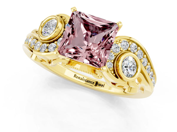 Yellow gold Princess Cut Morganite Solitaire Ring with Milgrain Pavé Band and Four-Prong Setting