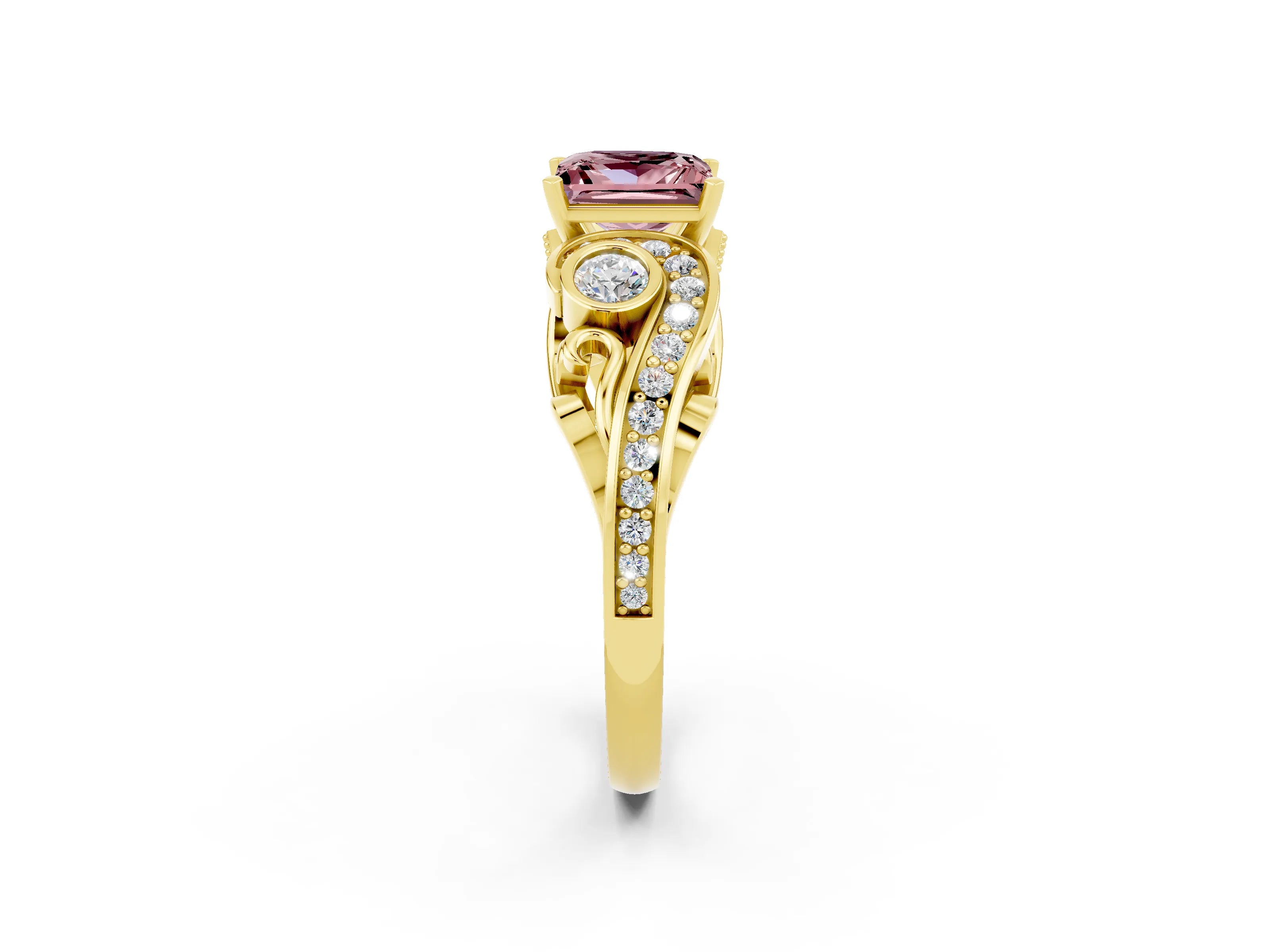 Yellow gold Princess Cut Morganite Solitaire Ring with Milgrain Pavé Band and Four-Prong Setting_26
