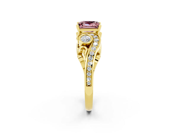 Yellow gold Princess Cut Morganite Solitaire Ring with Milgrain Pavé Band and Four-Prong Setting