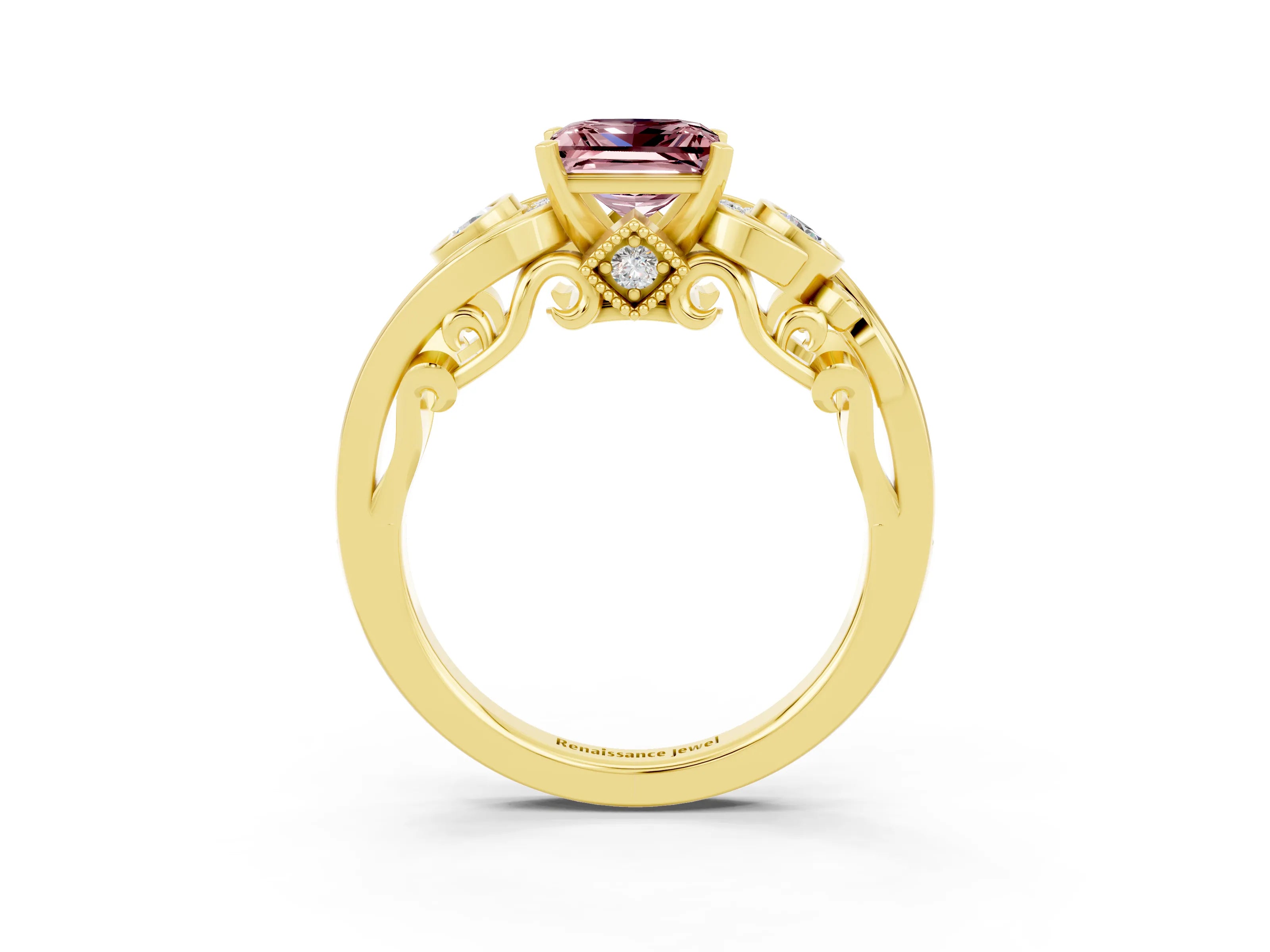 Yellow gold Princess Cut Morganite Solitaire Ring with Milgrain Pavé Band and Four-Prong Setting_27