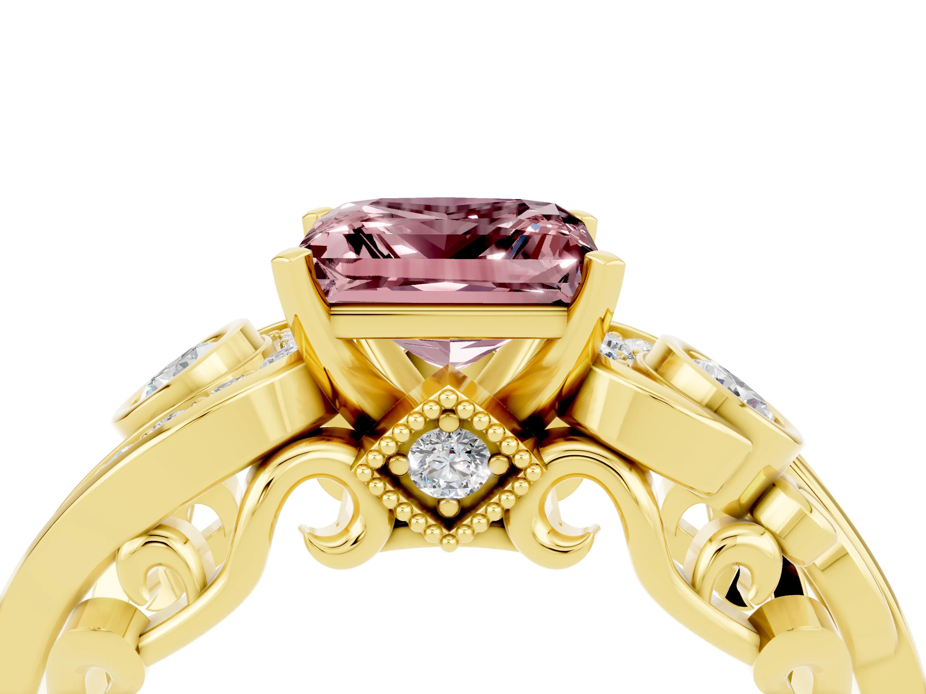 Yellow gold Princess Cut Morganite Solitaire Ring with Milgrain Pavé Band and Four-Prong Setting_28