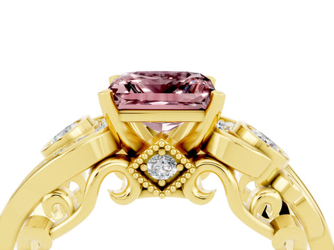 Yellow gold Princess Cut Morganite Solitaire Ring with Milgrain Pavé Band and Four-Prong Setting_28