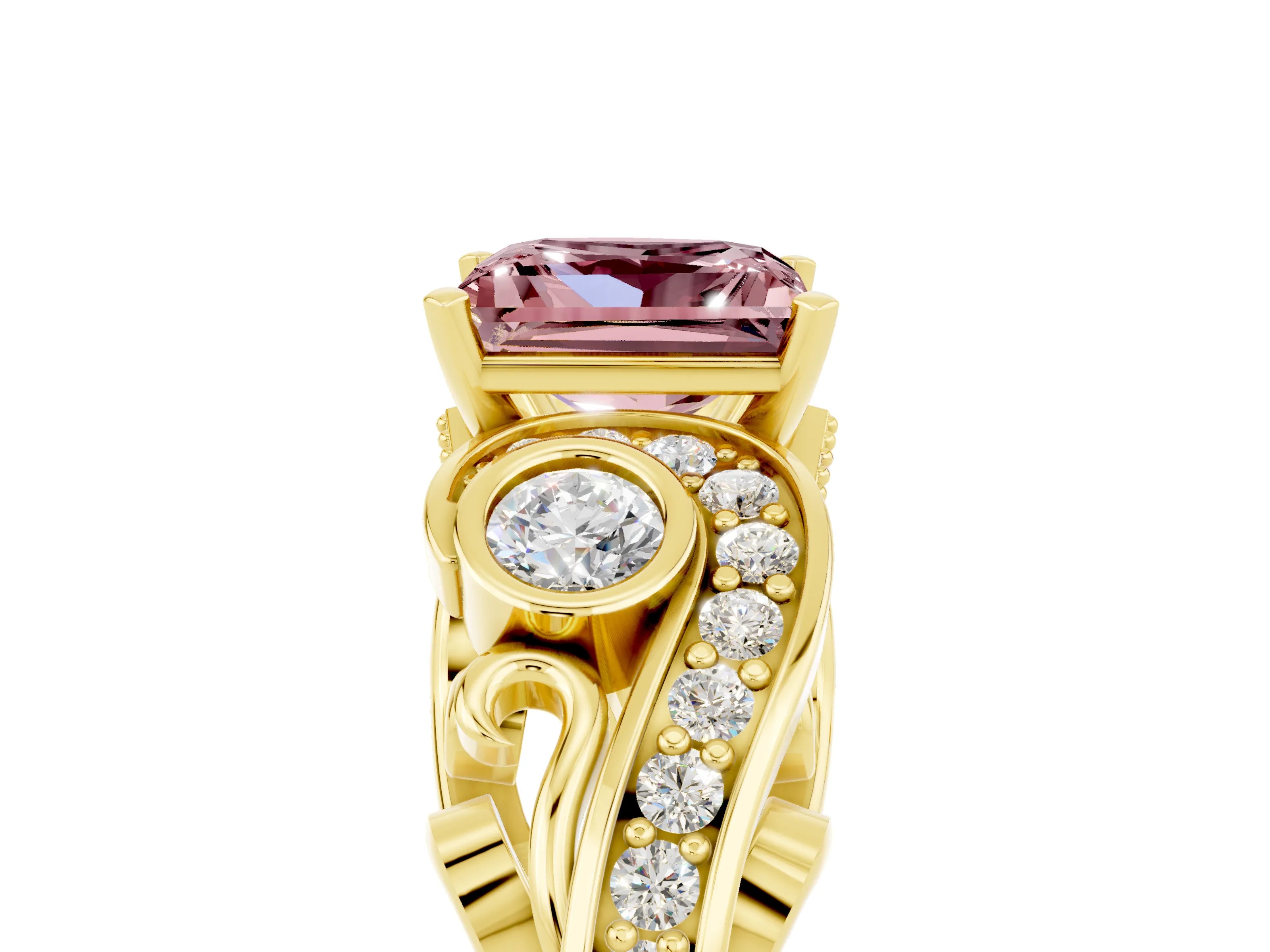 Yellow gold Princess Cut Morganite Solitaire Ring with Milgrain Pavé Band and Four-Prong Setting_29