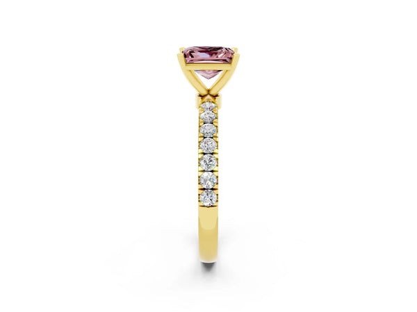 Yellow gold Princess Cut Morganite Solitaire Ring with Pavé Accents and Four-Prong Setting