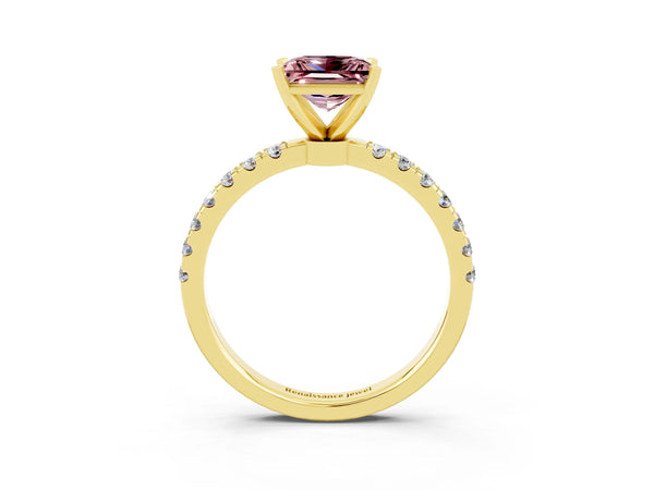 Yellow gold Princess Cut Morganite Solitaire Ring with Pavé Accents and Four-Prong Setting