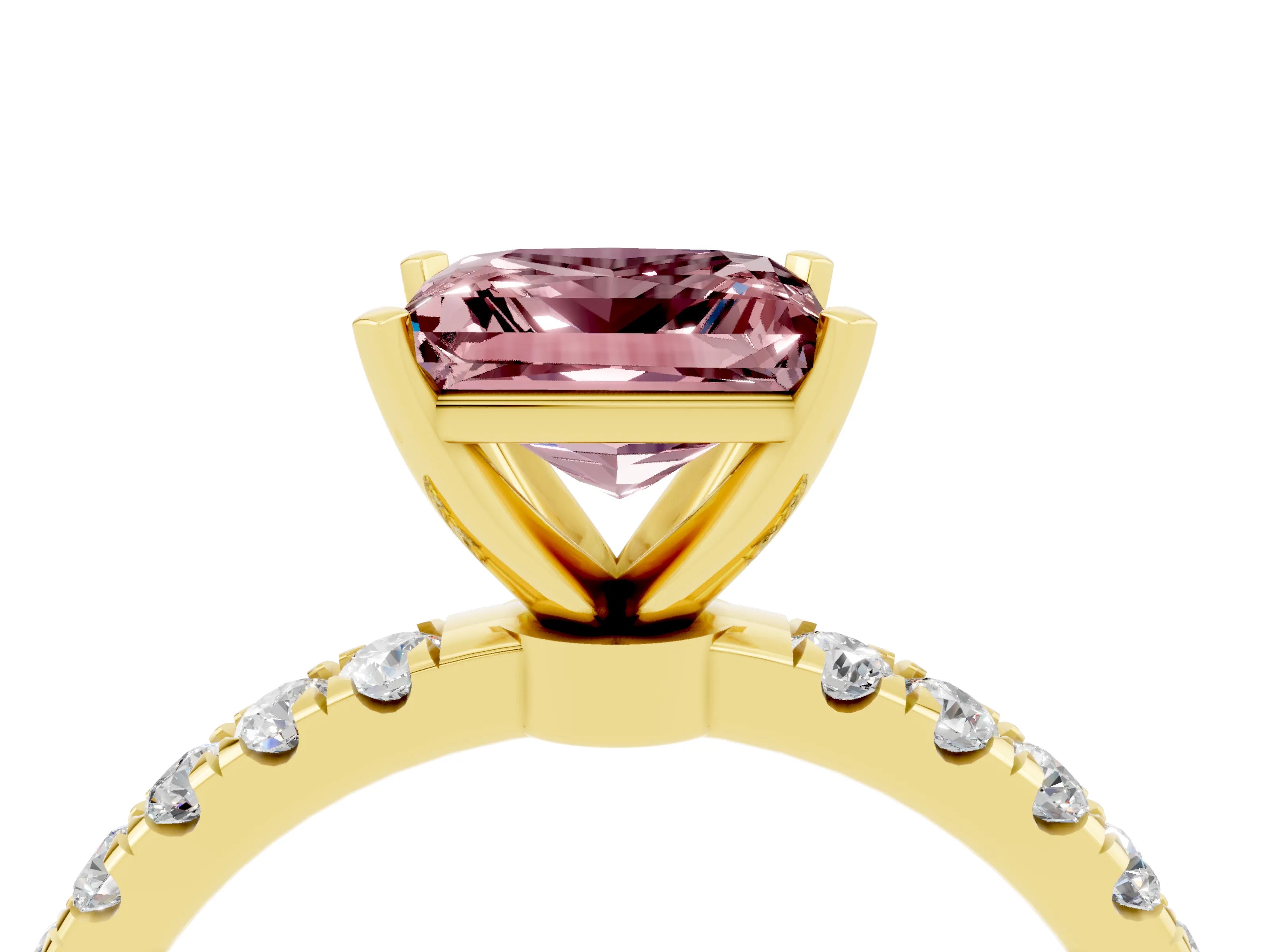 Yellow gold Princess Cut Morganite Solitaire Ring with Pavé Accents and Four-Prong Setting_4