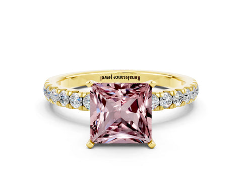 Yellow gold Princess Cut Morganite Solitaire Ring with Pavé Accents and Four-Prong Setting