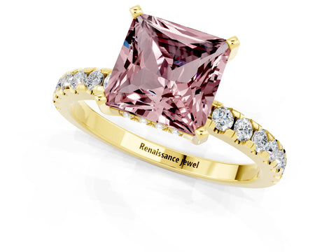 Yellow gold Princess Cut Morganite Solitaire Ring with Pavé Band and Four-Prong Setting_13