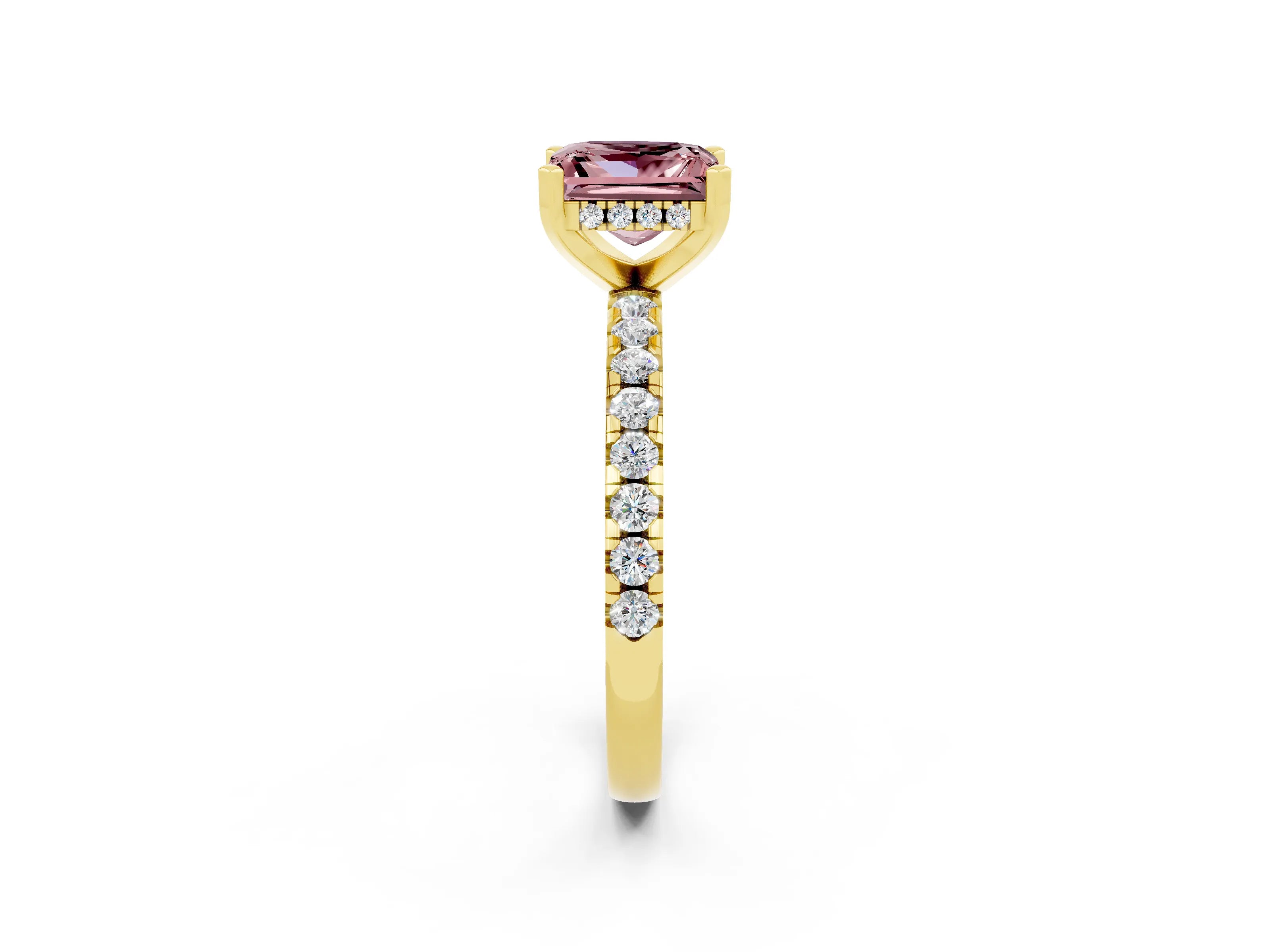 Yellow gold Princess Cut Morganite Solitaire Ring with Pavé Band and Four-Prong Setting_14
