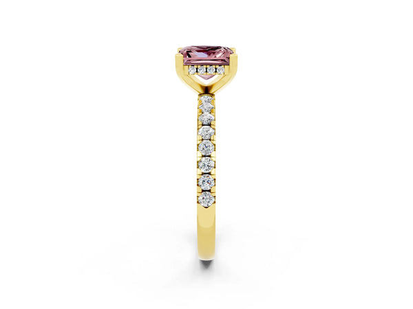 Yellow gold Princess Cut Morganite Solitaire Ring with Round  Pavé Band and Four-Prong Setting