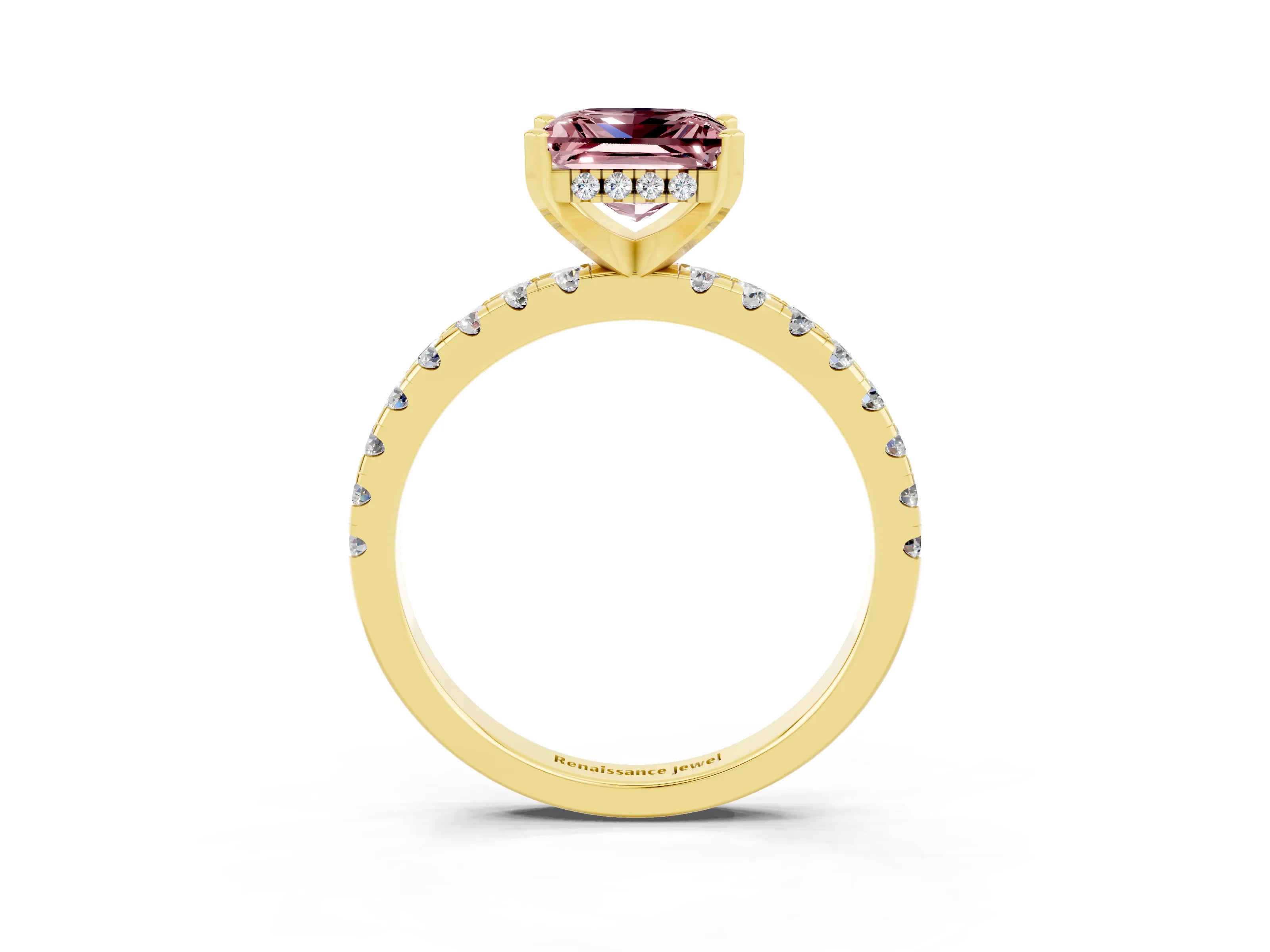 Yellow gold Princess Cut Morganite Solitaire Ring with Pavé Band and Four-Prong Setting_15