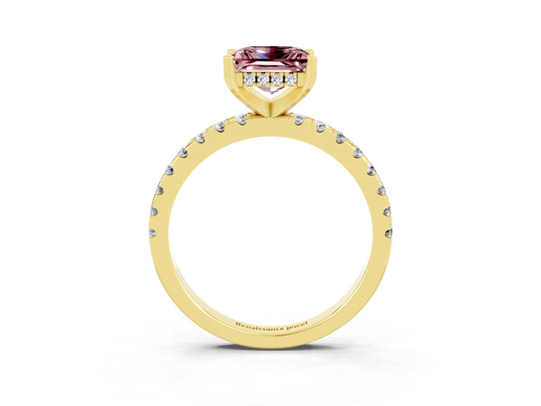 Yellow gold Princess Cut Morganite Solitaire Ring with Round  Pavé Band and Four-Prong Setting