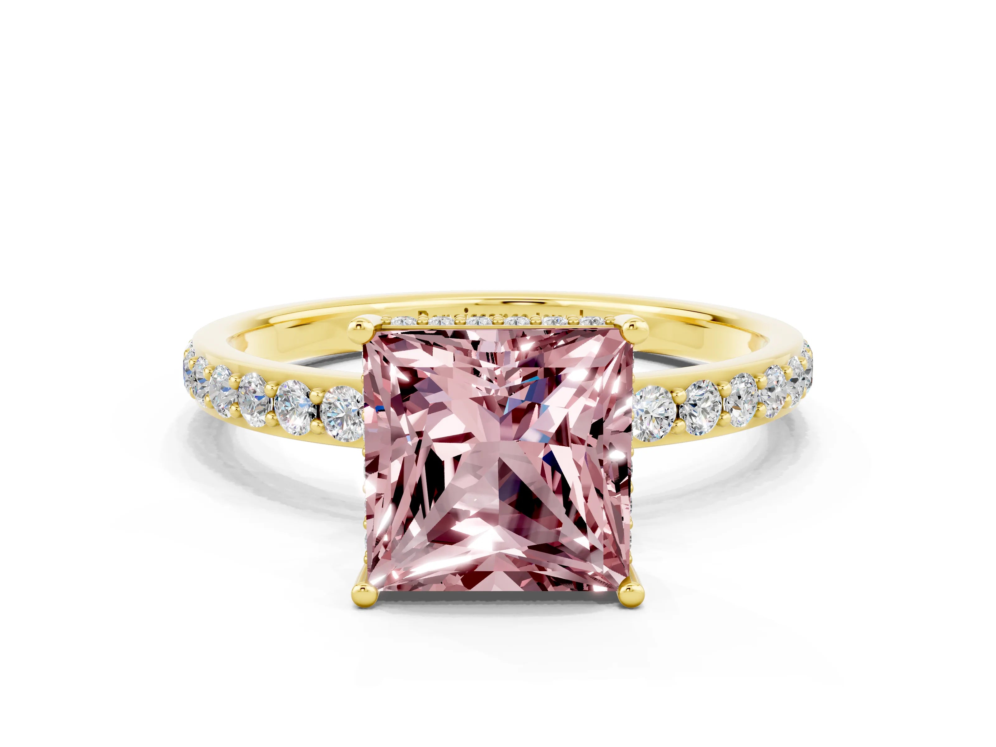 Yellow gold Princess Cut Morganite Solitaire Ring with Pavé Band and Hidden Halo_12
