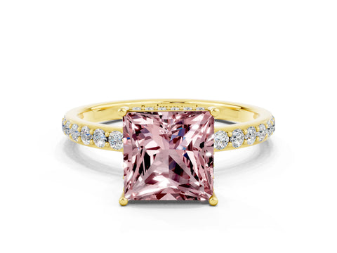 Yellow gold Princess Cut Morganite Solitaire Ring with Pavé Band and Hidden Halo_12
