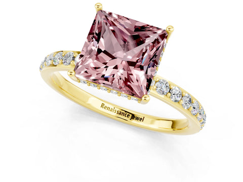 Yellow gold Princess Cut Morganite Solitaire Ring with Pavé Band and Hidden Halo_13