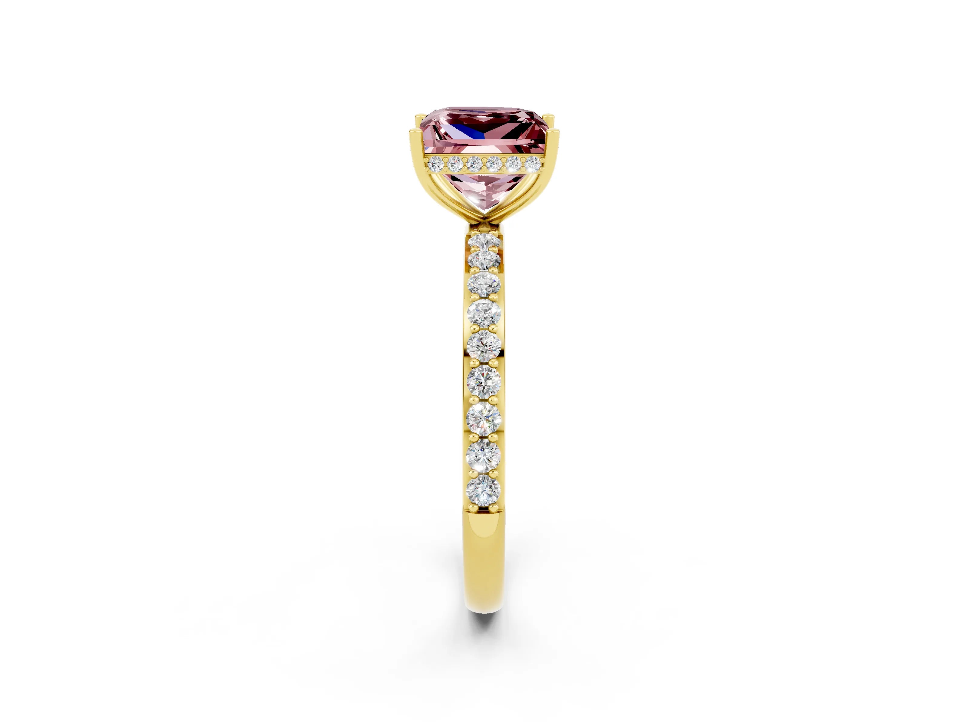 Yellow gold Princess Cut Morganite Solitaire Ring with Pavé Band and Hidden Halo_14