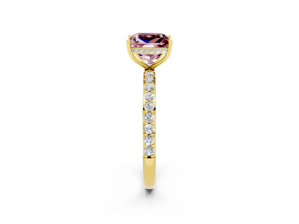 Yellow gold Princess Cut Morganite Solitaire Ring with Pavé Band and Hidden Halo