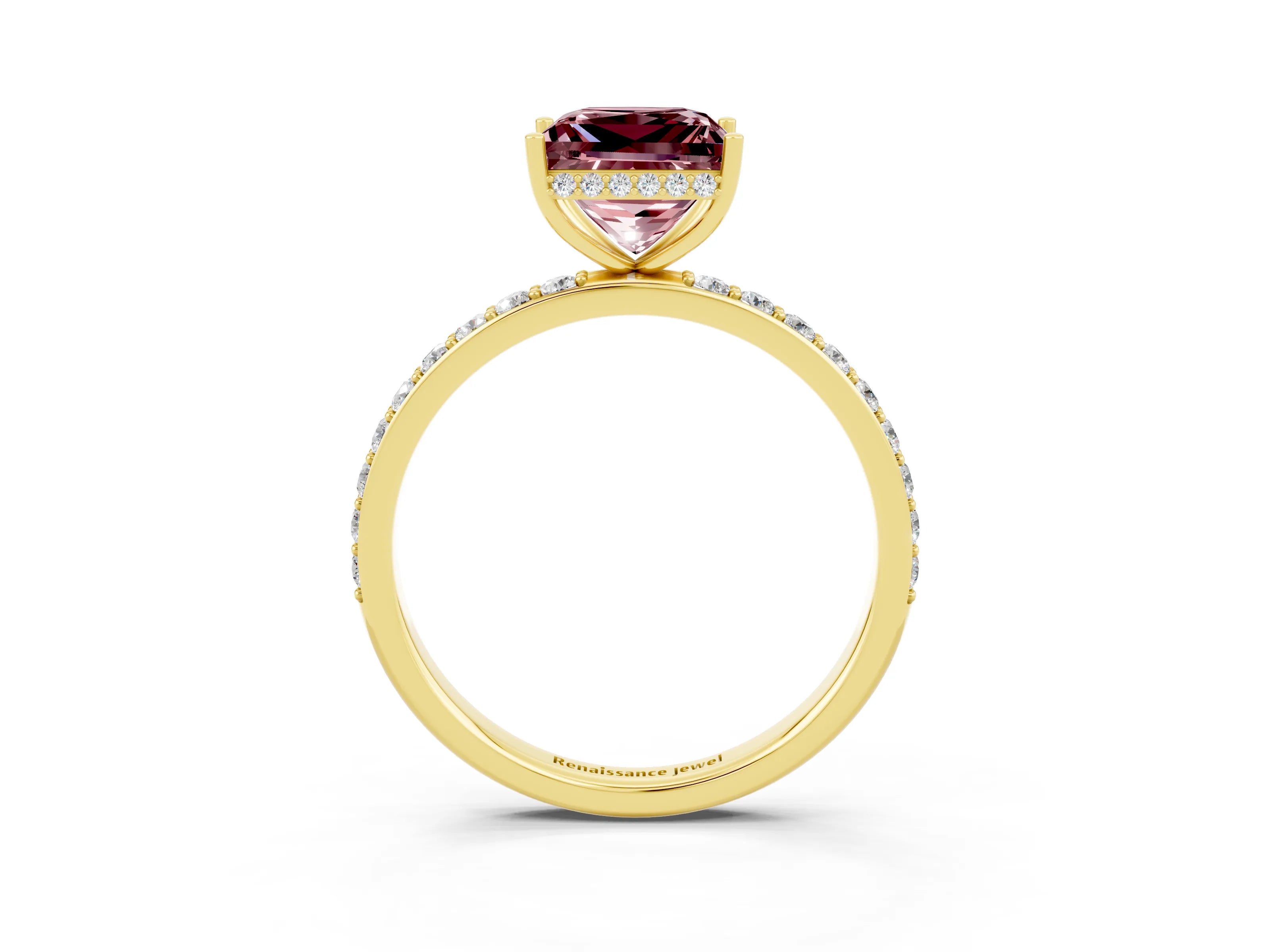 Yellow gold Princess Cut Morganite Solitaire Ring with Pavé Band and Hidden Halo_15