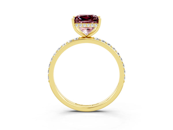 Yellow gold Princess Cut Morganite Solitaire Ring with Pavé Band and Hidden Halo