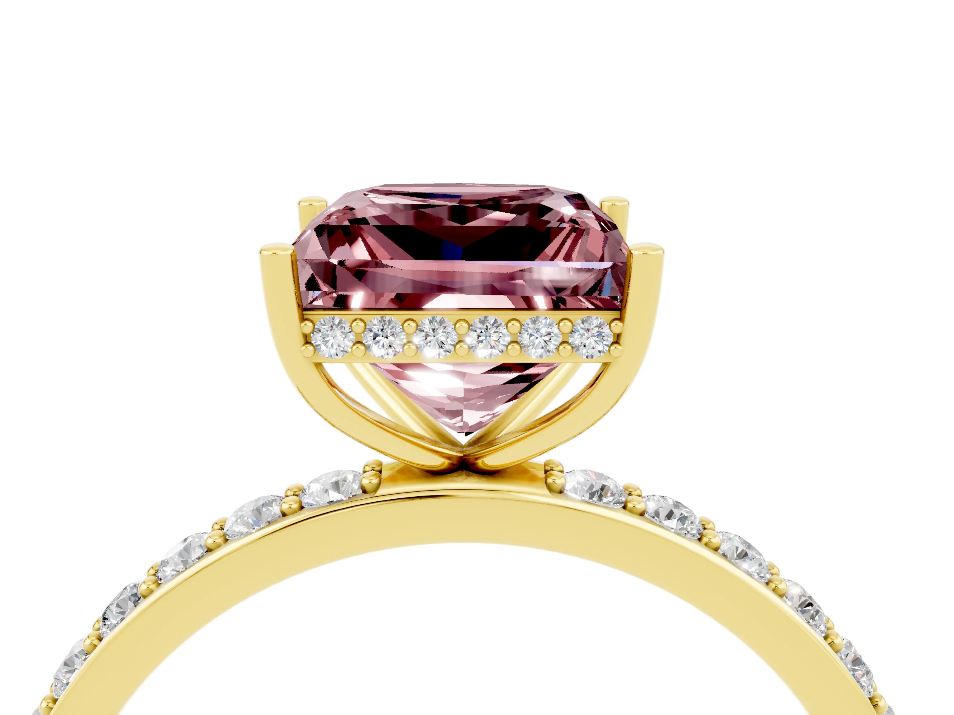 Yellow gold Princess Cut Morganite Solitaire Ring with Pavé Band and Hidden Halo_16