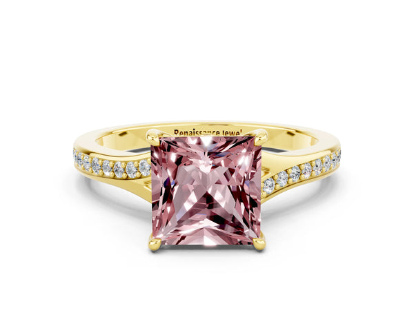 Yellow gold Princess Cut Morganite Solitaire Ring with Pavé Band and Prong Setting