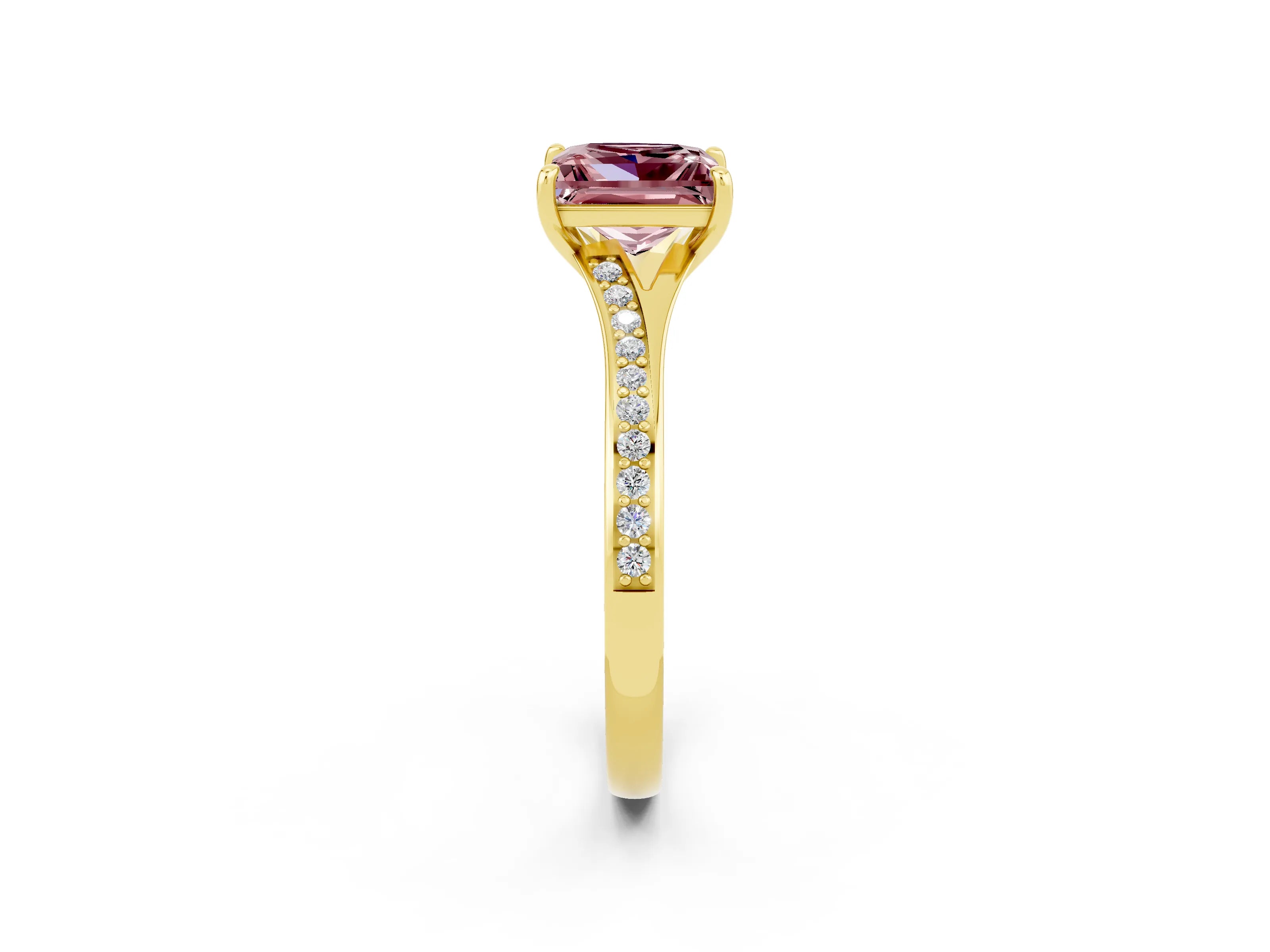 Yellow gold Princess Cut Morganite Solitaire Ring with Pavé Band and Prong Setting_2
