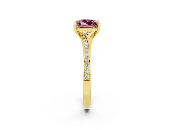 Yellow gold Princess Cut Morganite Solitaire Ring with Pavé Band and Prong Setting