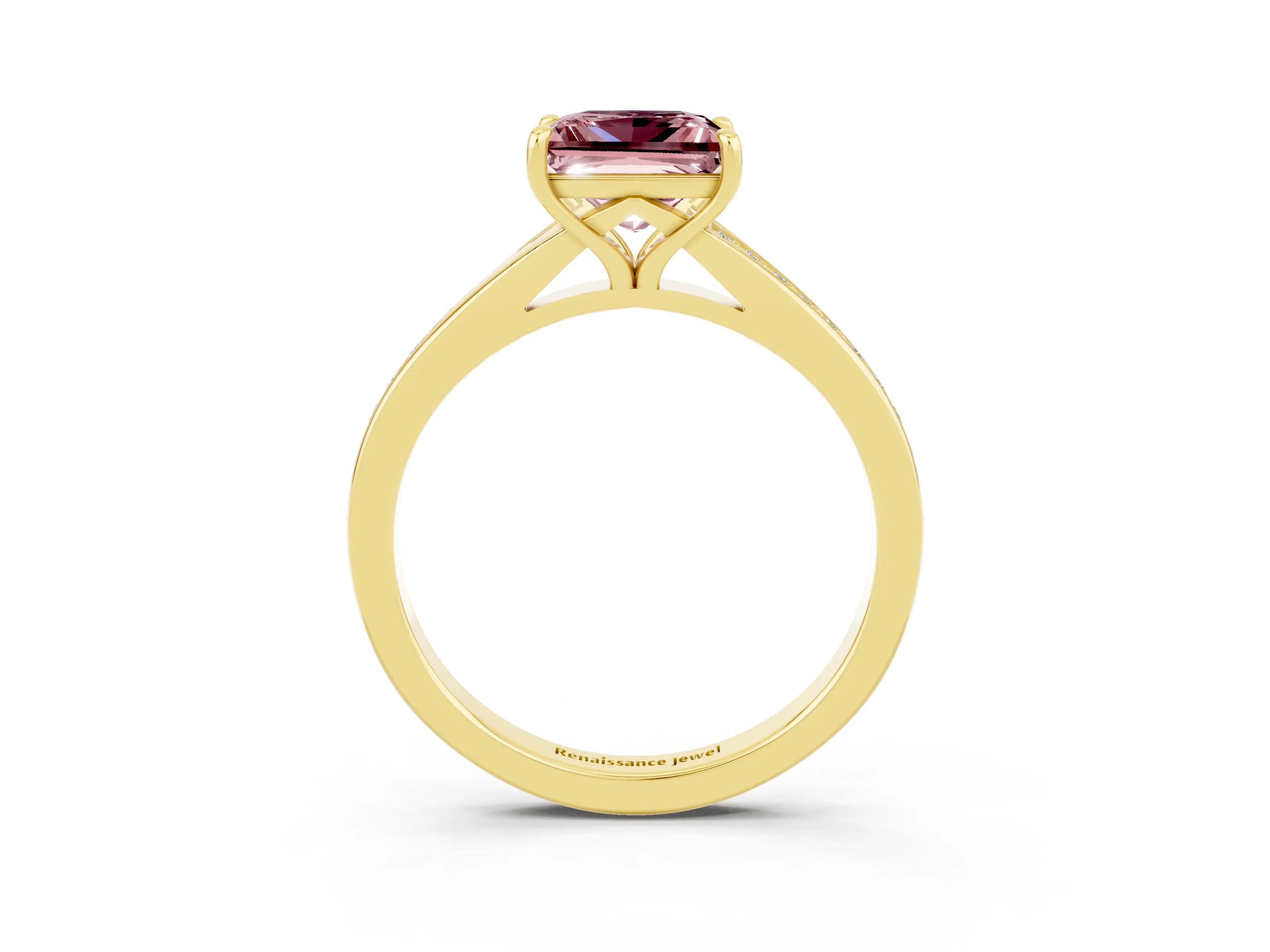 Yellow gold Princess Cut Morganite Solitaire Ring with Pavé Band and Prong Setting_3