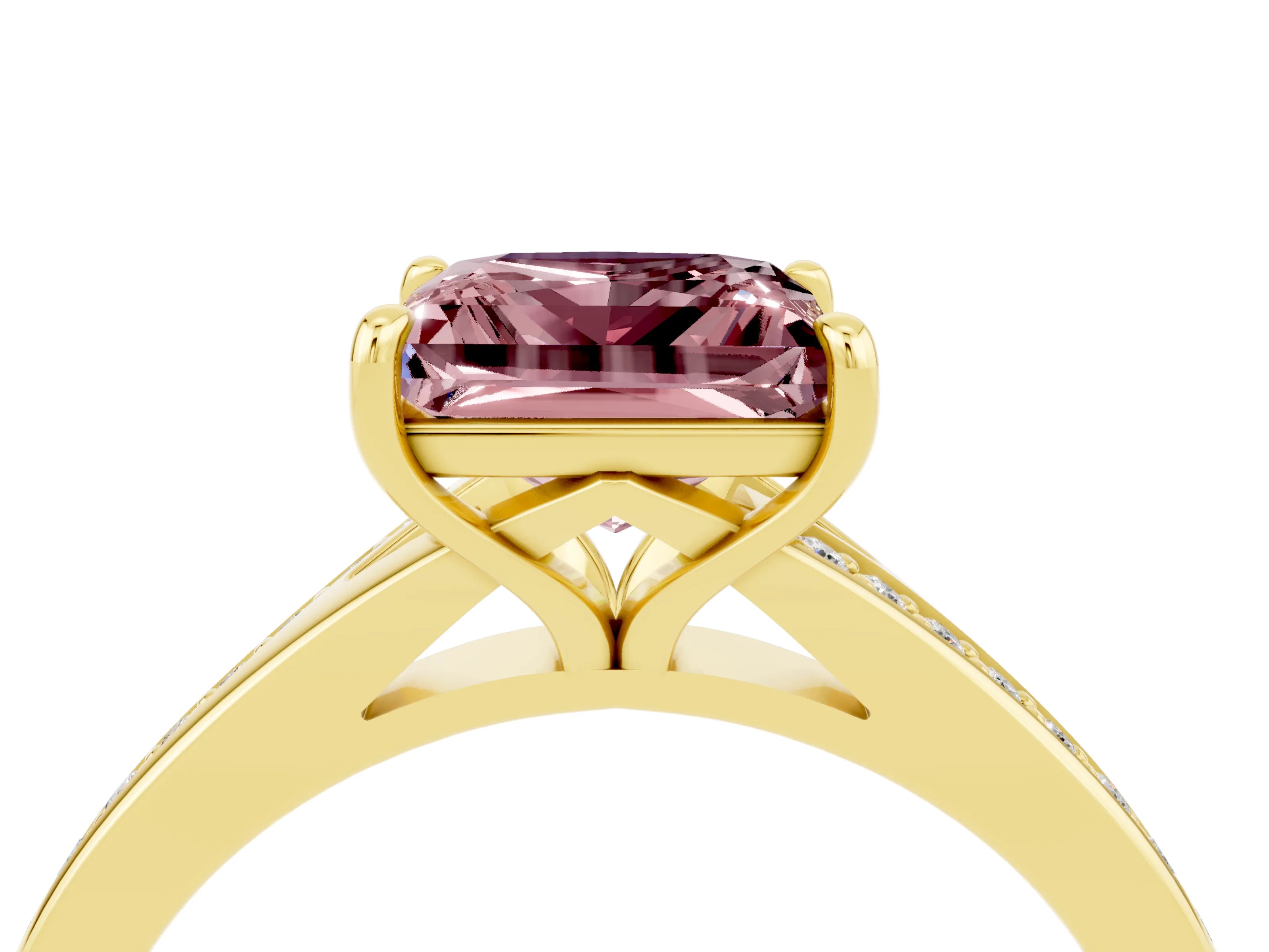 Yellow gold Princess Cut Morganite Solitaire Ring with Pavé Band and Prong Setting_4