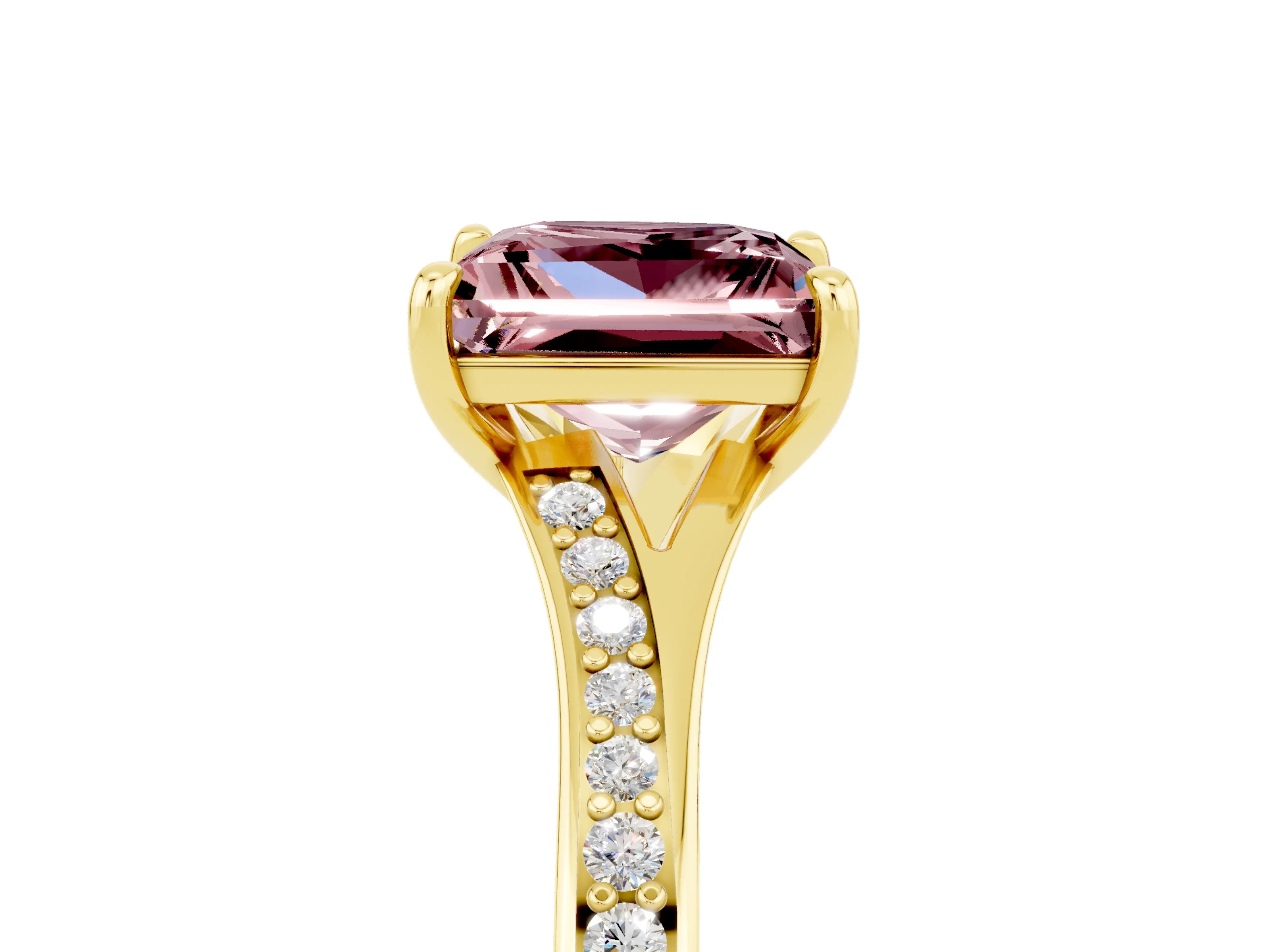 Yellow gold Princess Cut Morganite Solitaire Ring with Pavé Band and Prong Setting_5