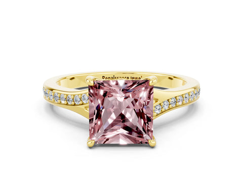 Yellow gold Princess Cut Morganite Solitaire Ring with Pavé Band and Prong Setting