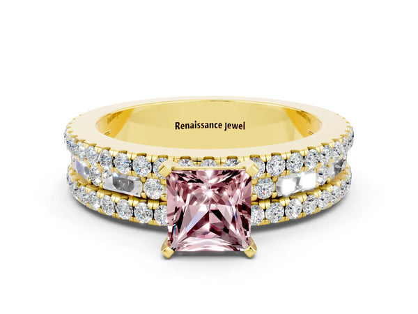 Yellow gold Princess Cut Morganite Solitaire Ring with Pavé and Channel Set Band