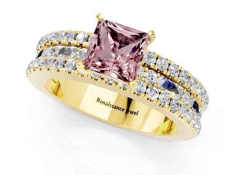 Yellow gold Princess Cut Morganite Solitaire Ring with Pavé and Channel Set Band_1