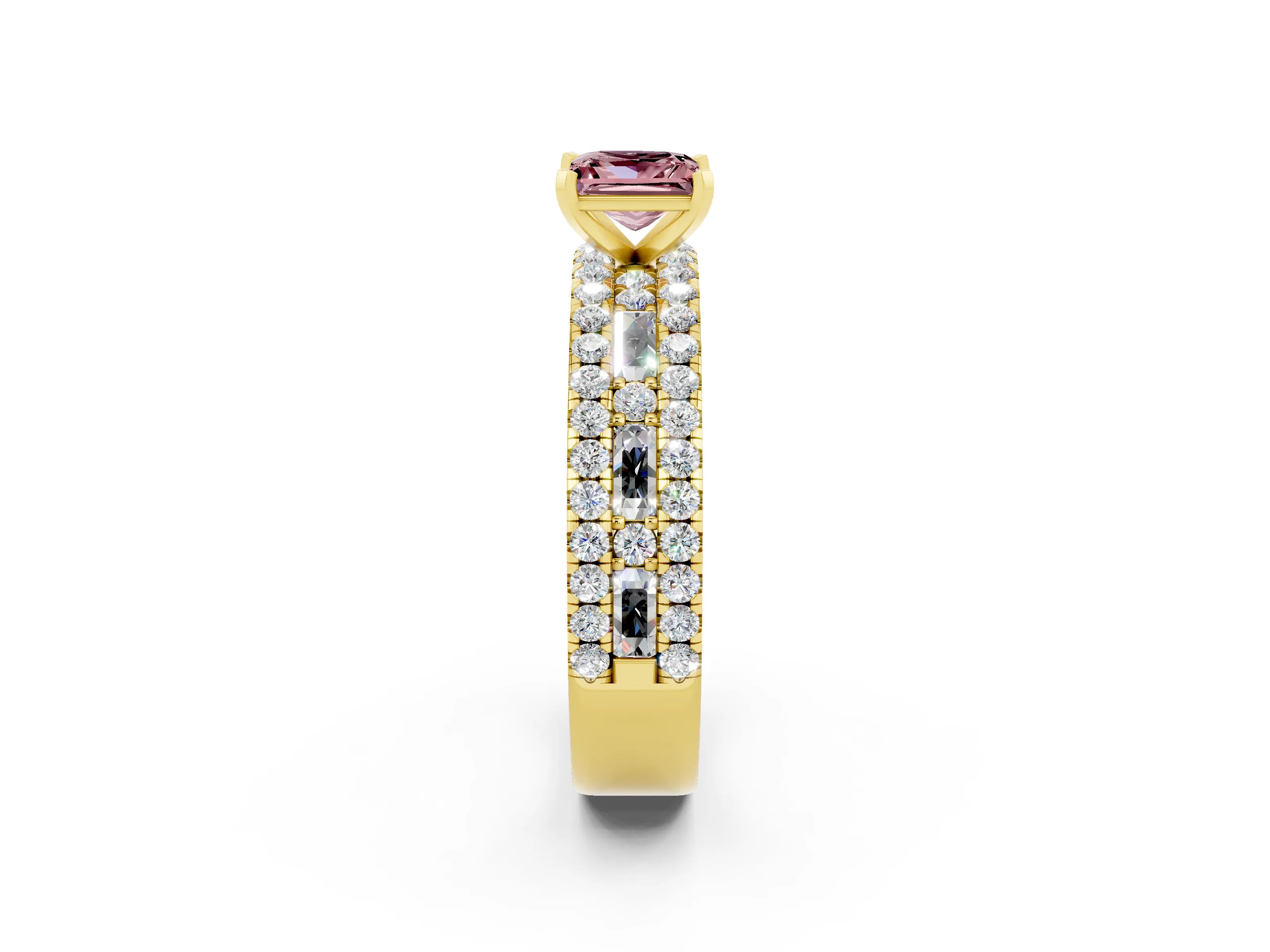 Yellow gold Princess Cut Morganite Solitaire Ring with Pavé and Channel Set Band_2